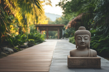 Spiritual retreat in a Zen garden with a Buddha sculpture