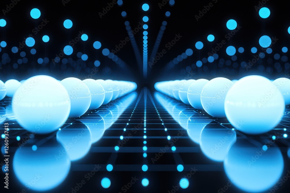 Poster abstract futuristic digital network with rows of glowing spheres and blue lights on reflective grid.