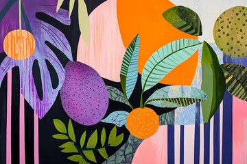 Abstract tropical landscape with geometric patterns, colorful foliage, oversized tropical fruits in pop art flat-color style, with peach, lavender, and lime green hues against dark stripes on a unique
