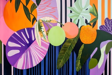 Abstract tropical landscape with geometric patterns, colorful foliage, oversized tropical fruits in pop art flat-color style, with peach, lavender, and lime green hues against dark stripes on a unique