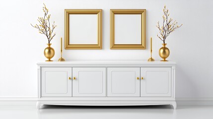 Fototapeta premium Empty Gold Picture Frames On A White Cabinet