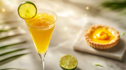 A refreshing citrus cocktail served with a miniature mango tart. Tropical vibes and sweet indulgence.