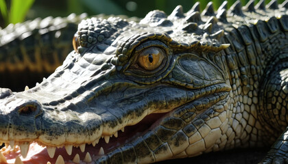 Fototapeta premium Hyperrealistic macro shot of a crocodile with sharp focus and saturated colors, captured through a macro lens in photorealistic detail