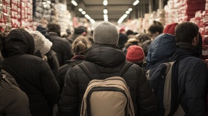 Crowded warehouse, people walking, boxes stacked, indoor market, shopping