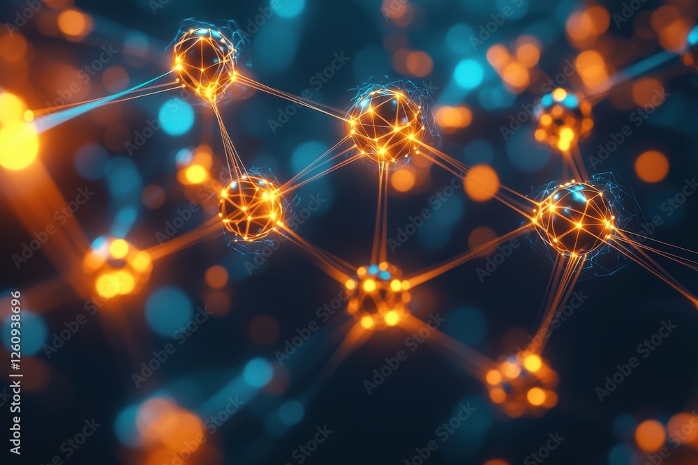 Poster intricate abstract network with glowing nodes and lines in orange and blue tones.