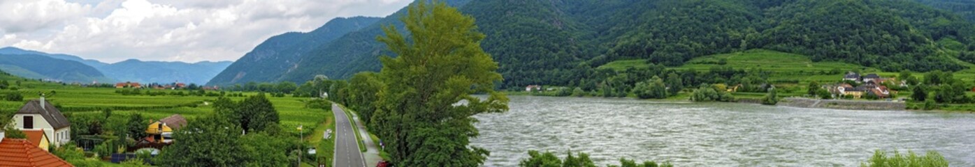 panoramic view of the Danube valley at Saint Michael in the Wachau with river and street, Austria