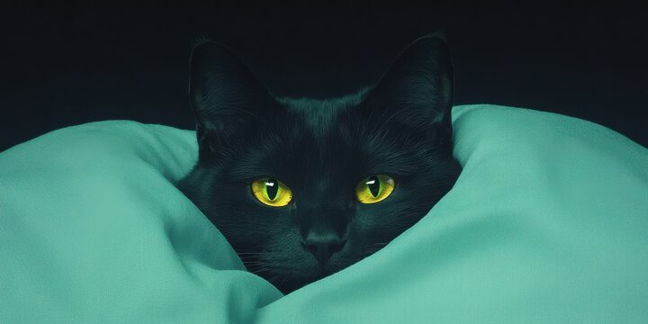 Curious black cat observing from cozy blanket indoor setting animal warm ambiance close-up shot