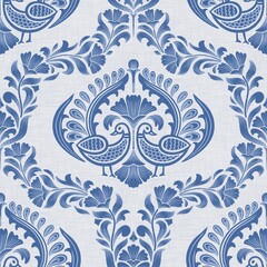A timeless ogee pattern featuring elegant blue peacocks and floral motifs on a soft linen background, perfect for wallpaper and textiles. Size Large.