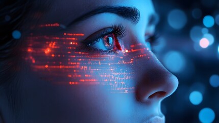 Futuristic woman face with digital features and ai data privacy elements in modern design