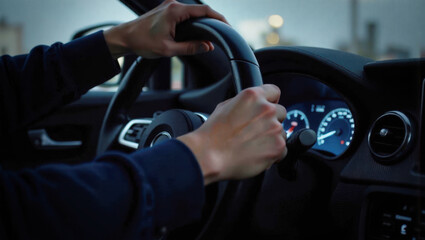 Young male driving in car interior with hands on steering wheel