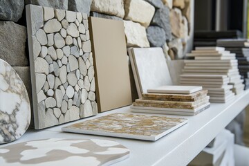 Display of various materials like tiles and stones showcasing home renovation design process and planning. Concept emphasizes home renovation design process in modern interior design