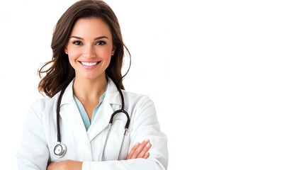 A confident young female doctor smiles warmly while standing with arms crossed. This portrait reflects professionalism and compassion in healthcare.