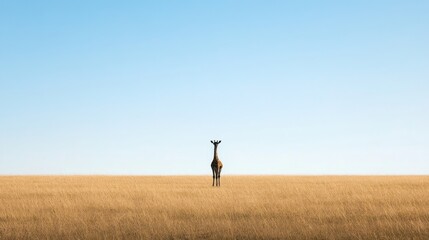 Giraffe in savannah, clear sky, travel poster