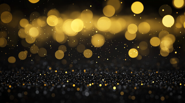 Elegant golden bokeh lights with sparkling glitter on a dark background, creating a luxurious and festive atmosphere for celebrations, events, and holiday designs