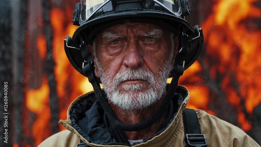 Poster experienced firefighter maintains unwavering focus, facing raging wildfire in slow motion, demonstra