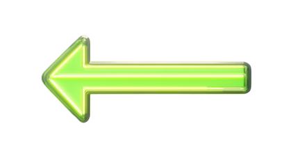 Green neon left arrow sign pointing on transparent background