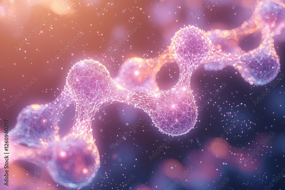 Poster abstract glowing molecular structure with interconnected nodes on a dark bokeh background.