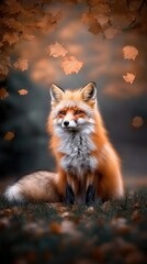 A young fox relaxes on lush green grass in a tranquil forest, surrounded by tall trees on a sunny day