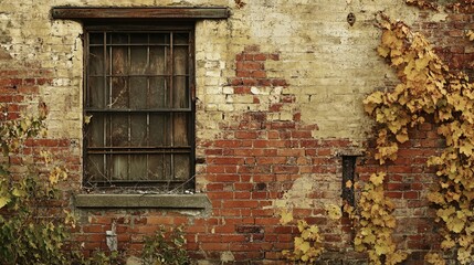 Old Brick Wall With Window And Autumn Vines