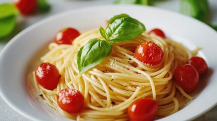 Pasta ptitim with cherry tomatoes and basil in a white plate