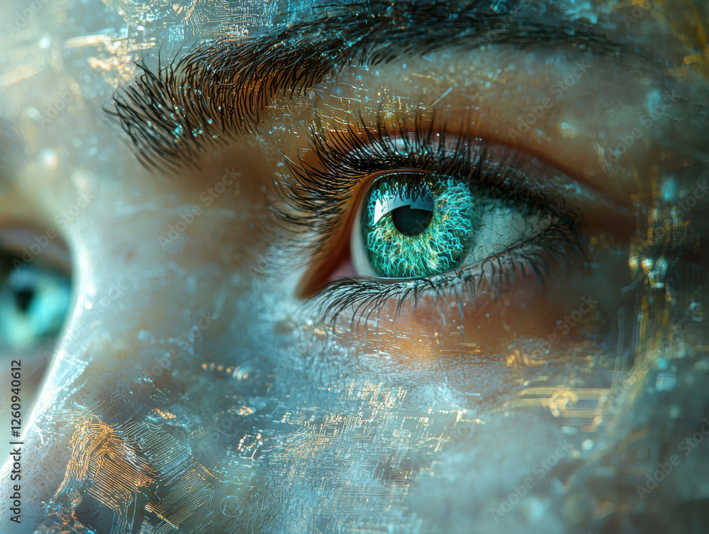 Poster digital masks overlaying a human face create a blend of futuristic visuals in close-up