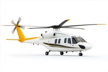 A white and yellow helicopter is parked on a white background. The helicopter is large and has a yellow tail