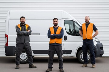 Three men in orange vests stand in front of a white van. They are posing for a picture