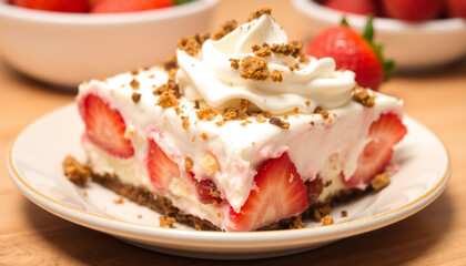A delicious strawberry icebox cake with whipped cream and cookie crumbles, served on a plate, offering a light and refreshing dessert for any occasion.