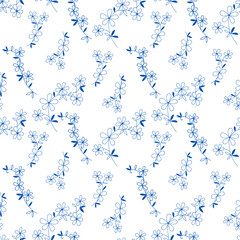 Fototapeta premium Seamless pattern with cute blue twigs and flowers. Hand-drawn floral background.