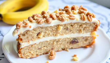 A banana cake topped with crunchy nuts and creamy frosting, served on a white plate, offering a delicious and moist dessert with a rich and nutty flavor.