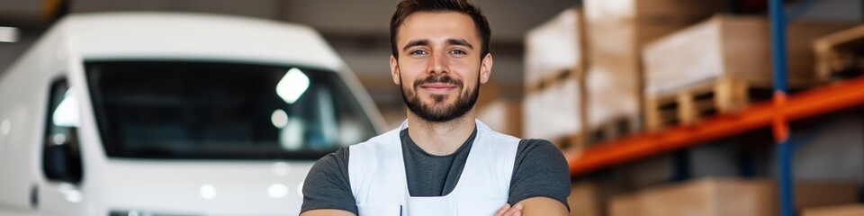 Obraz premium A man is standing in front of a white van and a stack of boxes. He is wearing a white shirt and a vest