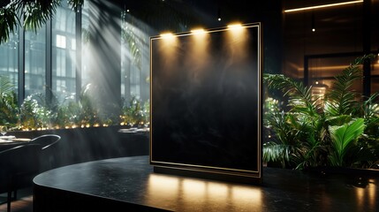 Luxury Black and Gold Menu Display on Marble Counter
