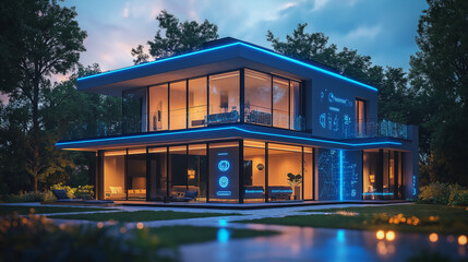 Obraz premium Modern Two Story House with Large Windows and Blue Accent Lighting at Night