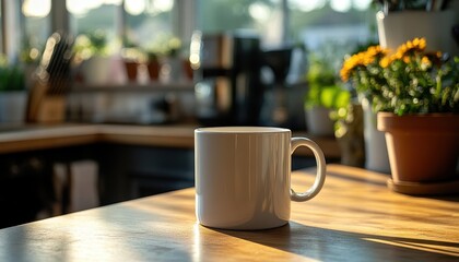 Coffee mug placed on a kitchen countertop with a cozy atmosphere and blurred kitchen appliances in the background