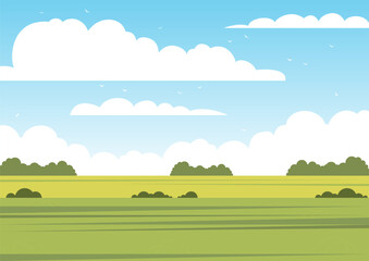 Naklejka premium Vector illustration of beautiful summer fields landscape. Springtime panorama flat cartoon style banner