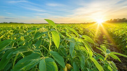 potato hand picking organic harvest. Lush green field at sunrise with dew-covered plants.