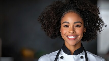 A smiling female chef in a professional kitchen, showcasing talent and passion for culinary arts. Ideal for food-related branding and promotions.