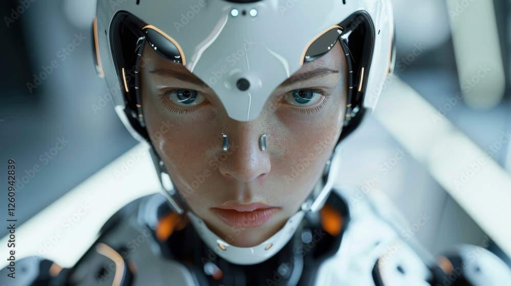 Aufkleber futuristic humanoid robot with intricate facial features and advanced technology in a high-tech envi