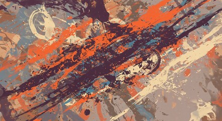 An intense abstract splatter painting with chaotic strokes of orange, black, and white, creating a high-energy composition with dynamic movement and layered textures.