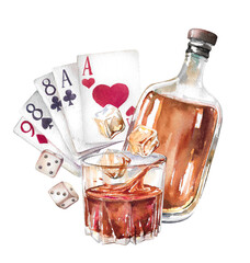 Whiskey glass with flying ice cubes, splashes, alcohol bottle, playing cards and dice watercolor art