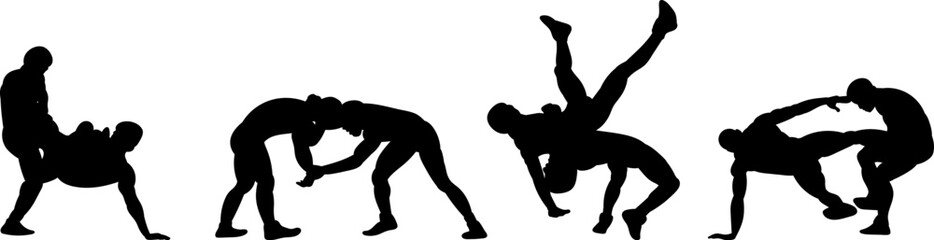 wrestling, wrestlers silhouette on white background vector