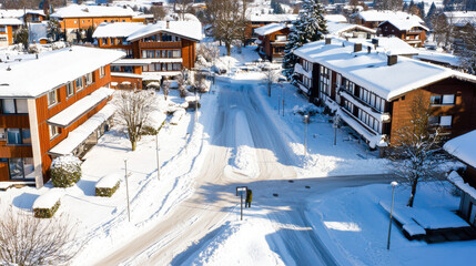 serene urban area blanketed in snow, showcasing quiet streets and cozy buildings
