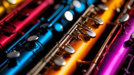 Naklejka premium A vibrant array of flutes in various colors, showcasing intricate details and reflections. Ideal for music lovers and artistic inspiration.