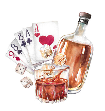 Whiskey glass with flying ice cubes, splashes, alcohol bottle, playing cards and dice watercolor art