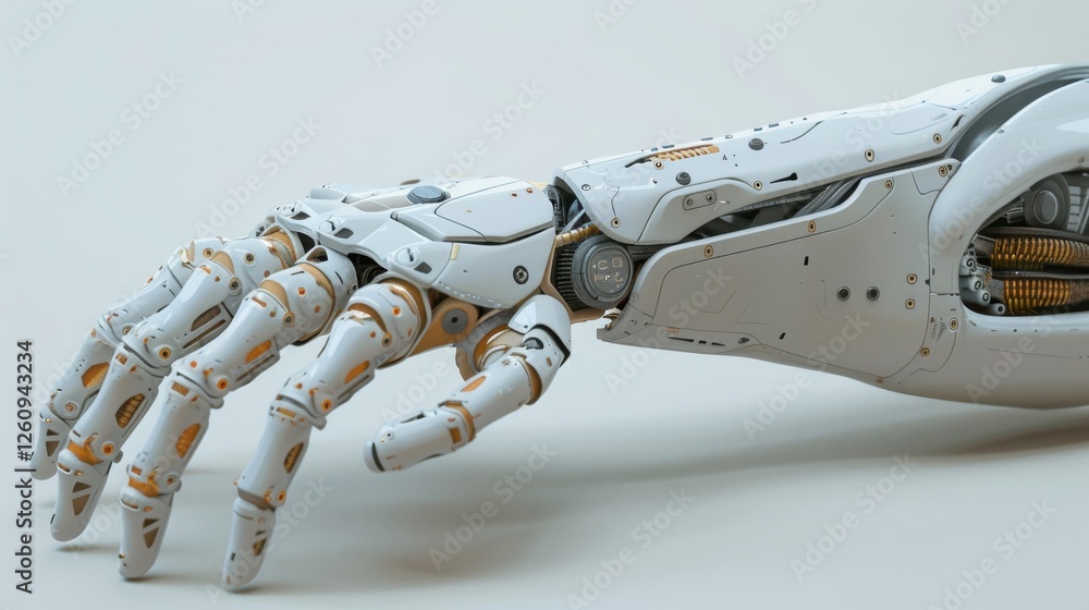 Poster detailed robotic hand demonstrating advanced technology and precision engineering with futuristic de