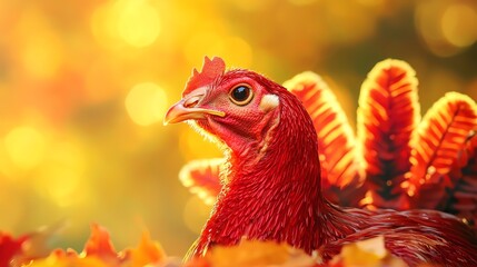 Fototapeta premium A vibrant turkey stands majestically amidst colorful autumn leaves. Its striking red feathers shine against the golden backdrop of fall.