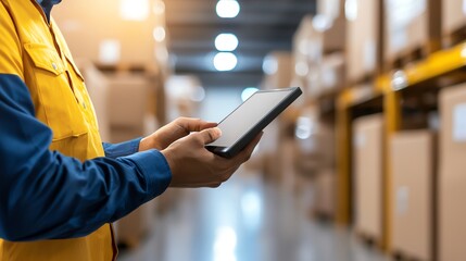A warehouse worker holds a tablet while managing inventory. The setting showcases organized boxes, highlighting efficiency and technology in logistics.