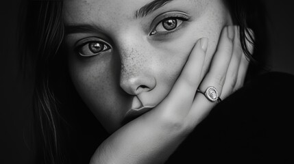 Thoughtful Woman with Intense Eyes and an Elegant Diamond Ring in Black and White