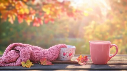 Cozy pink knitted scarf and mug on rustic wooden table, still life of warmth comfort