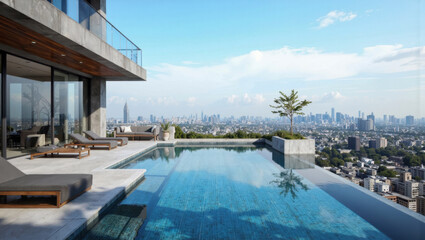 Luxurious rooftop infinity pool overlooking urban cityscape with clear sky